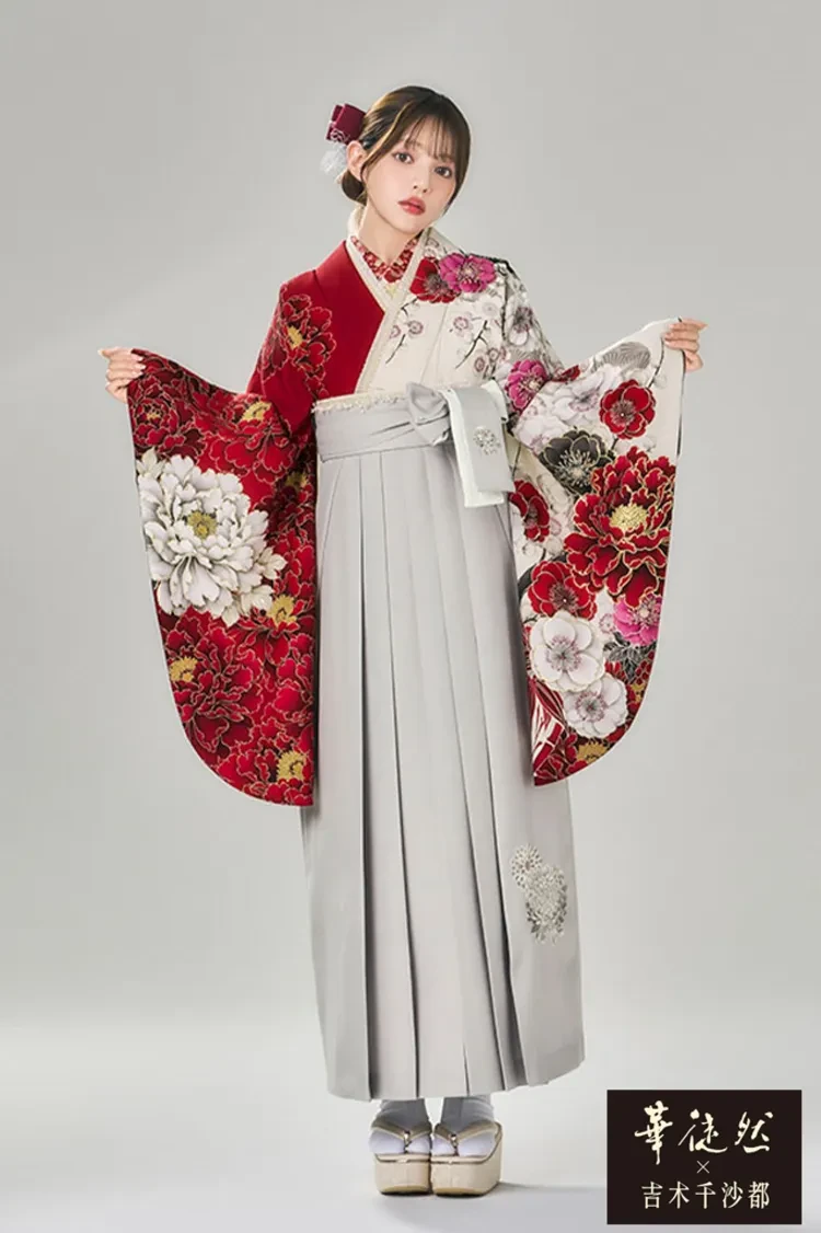 TAKAZENのレンタル袴 華徒然×吉木千沙都ブランド袴　白赤　牡丹柄　人気　片身替わり　正統派古典　清楚　王道【通販可】R27042