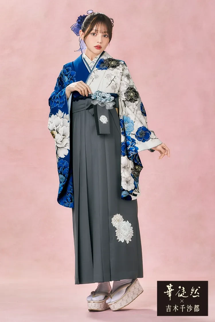 華徒然×吉木千沙都ブランド袴 白青 牡丹柄 人気 片身替わり 正統派古典