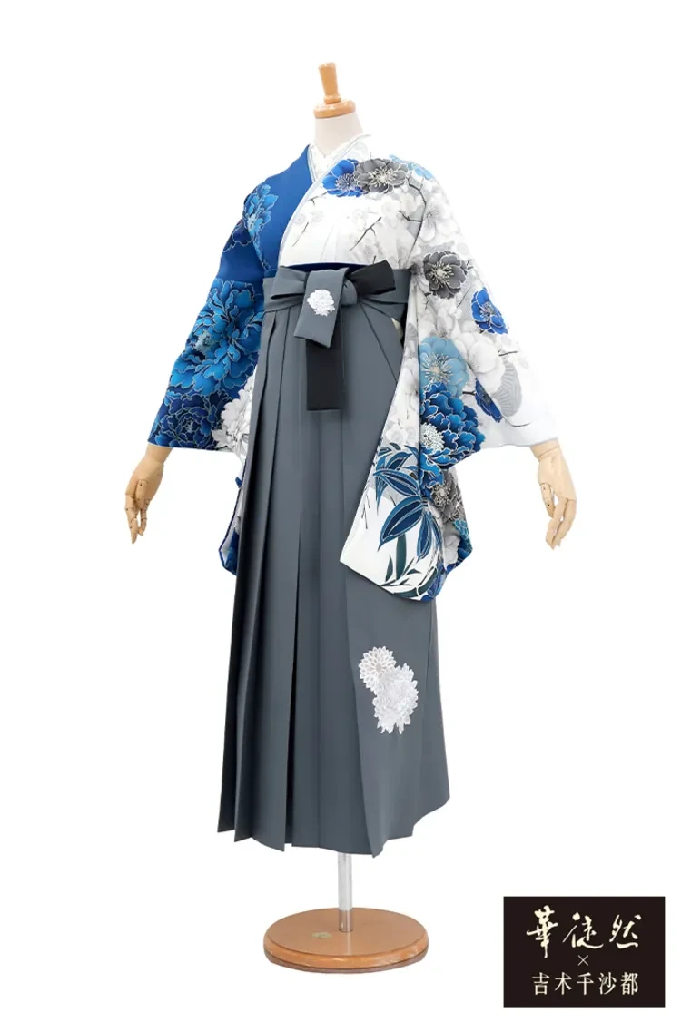 TAKAZENのレンタル袴 華徒然×吉木千沙都ブランド袴　白青　牡丹柄　人気　片身替わり　正統派古典　清楚　王道【通販可】R27043