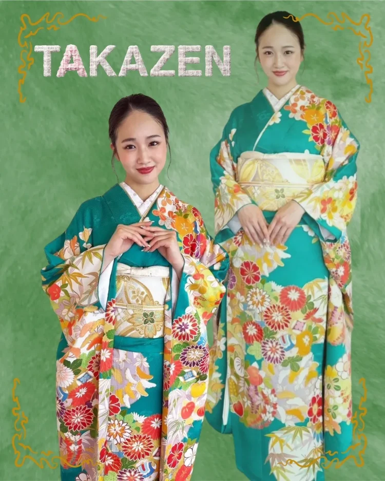 天翔愛がTAKAZENの緑の振袖を着用した全身コーディネートとポージング