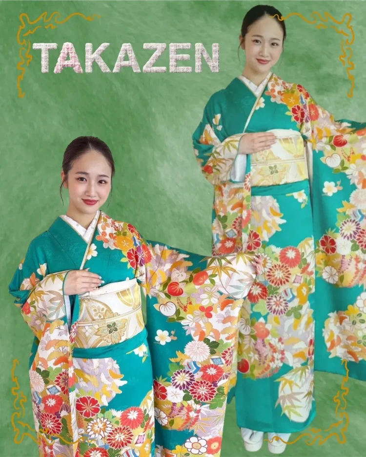 天翔愛がTAKAZENの緑の振袖を着用した全身コーディネートとポージング