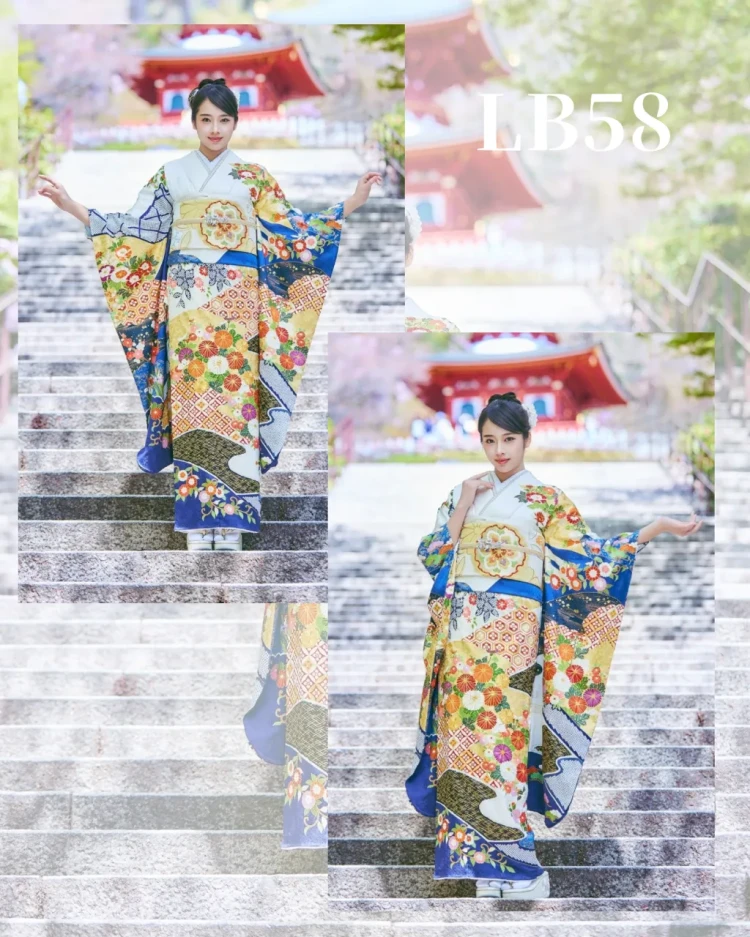 勝尾寺でTAKAZENのプレミアム古典の青色のお振袖を天翔天音ちゃんにご着用いただきました。TAKAZEN東京表参道店Flagship