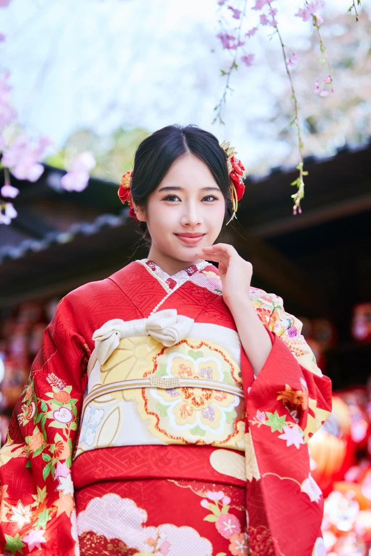 天翔天音さんが華やかな古典柄振袖を着用し勝尾寺で撮影された写真