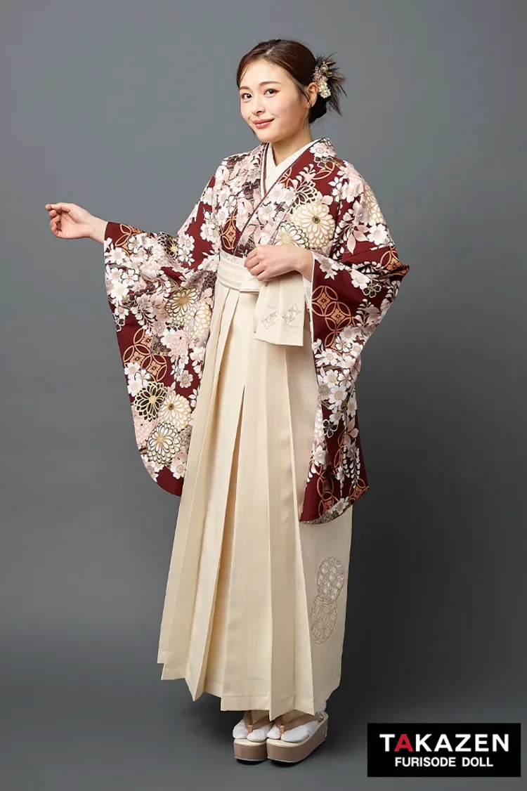 TAKAZENのレンタル袴 くすみ古典袴 エンジ 菊柄 大人っぽい きれいめ 清楚 柄小さめ【ECサイト限定】R27049