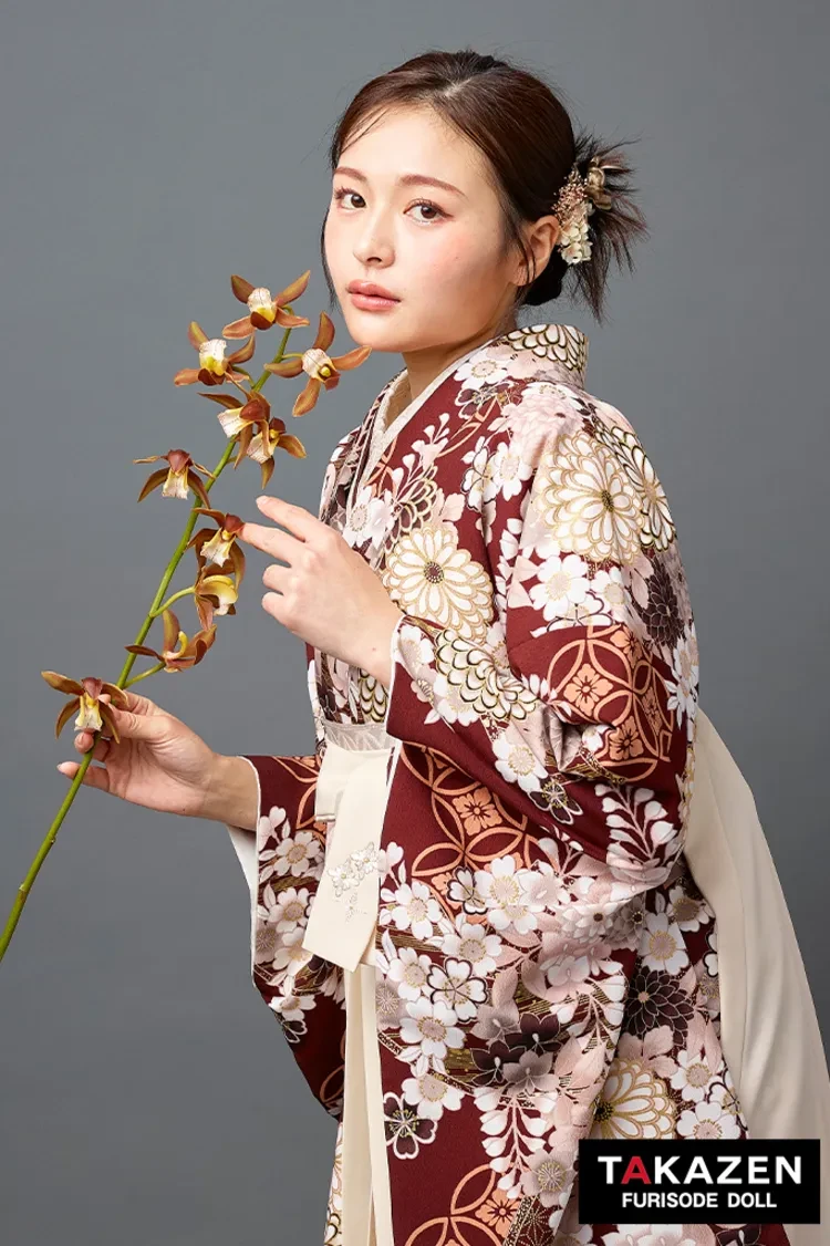TAKAZENのレンタル袴 くすみ古典袴 エンジ 菊柄 大人っぽい きれいめ 清楚 柄小さめ【ECサイト限定】R27049