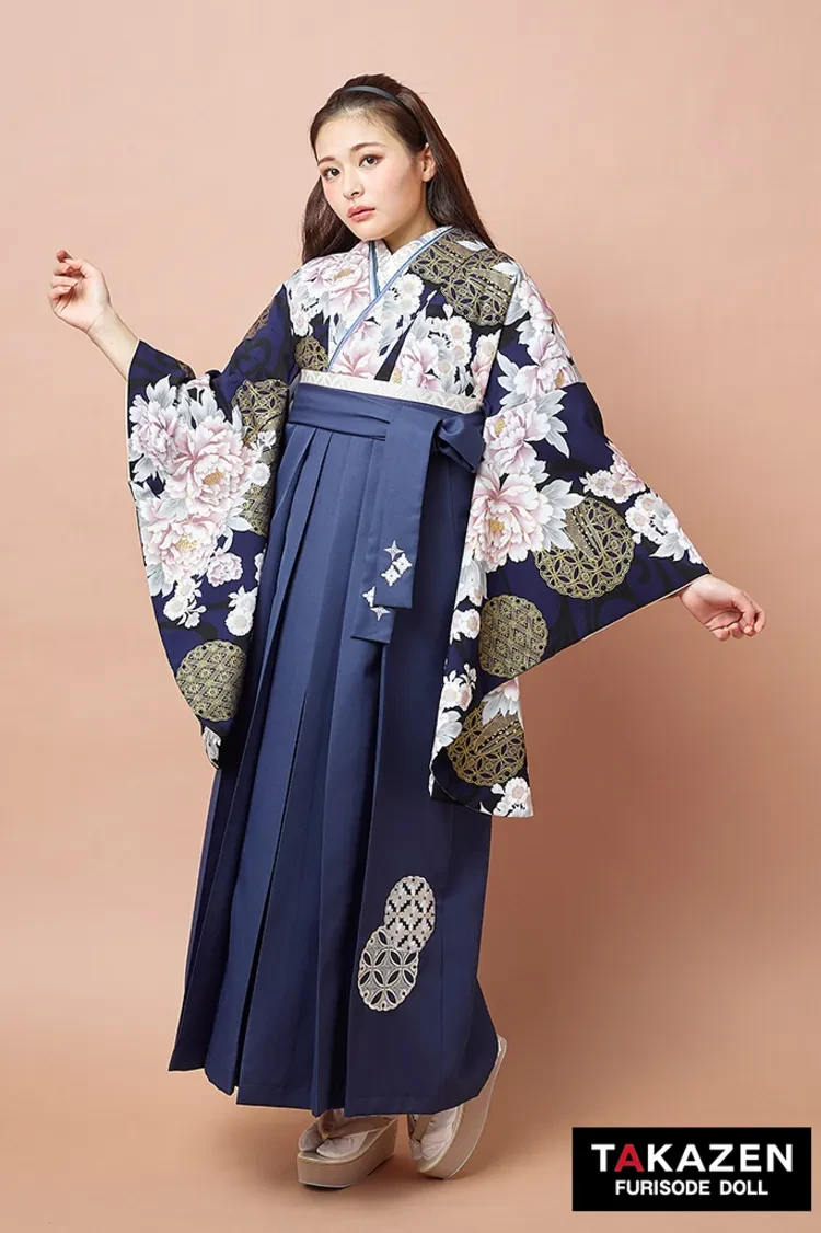 TAKAZENのレンタル袴 正統派古典袴　紺色/ネイビー　牡丹柄　大人っぽい　清楚　上品　教員袴　【ECサイト限定】R27053