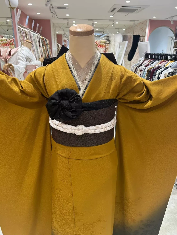 TAKAZEN姫路店　姫路市　加古川市　振袖レンタル　からし色　無地　シンプル