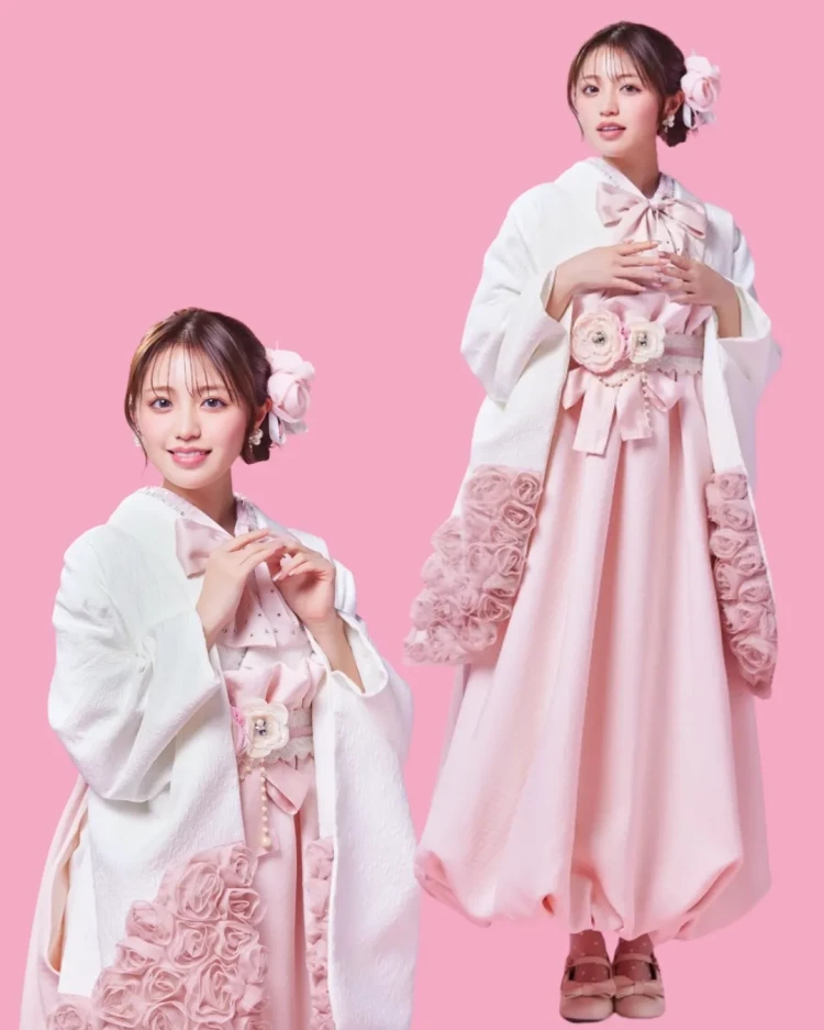 TAKAZENオリジナルヘップバーンシリーズピンク色で立体花のドレス袴