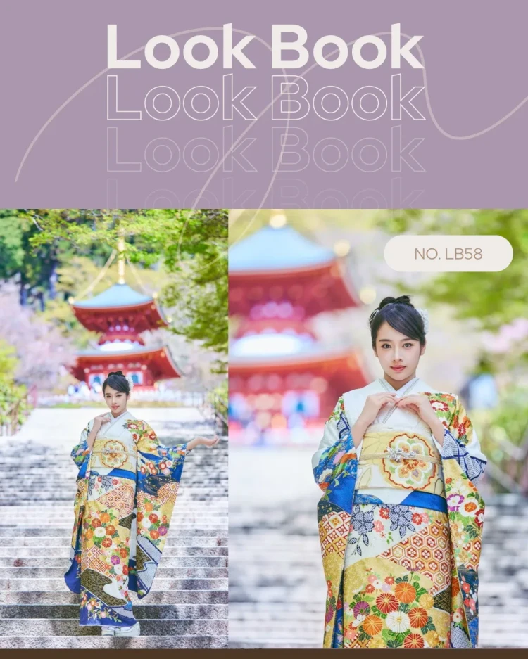 TAKAZENの振袖をご着用された天翔天音さんの勝尾寺でのLOOKBOOK撮影の様子