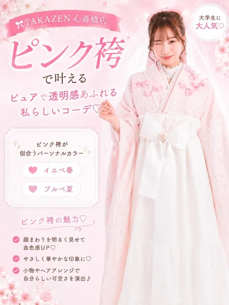 TAKAZEN心斎橋店　　自分に似合う袴が見つかる袴のパーソナルカラー　ピンク袴や水色絝、ホワイト、ブラック袴