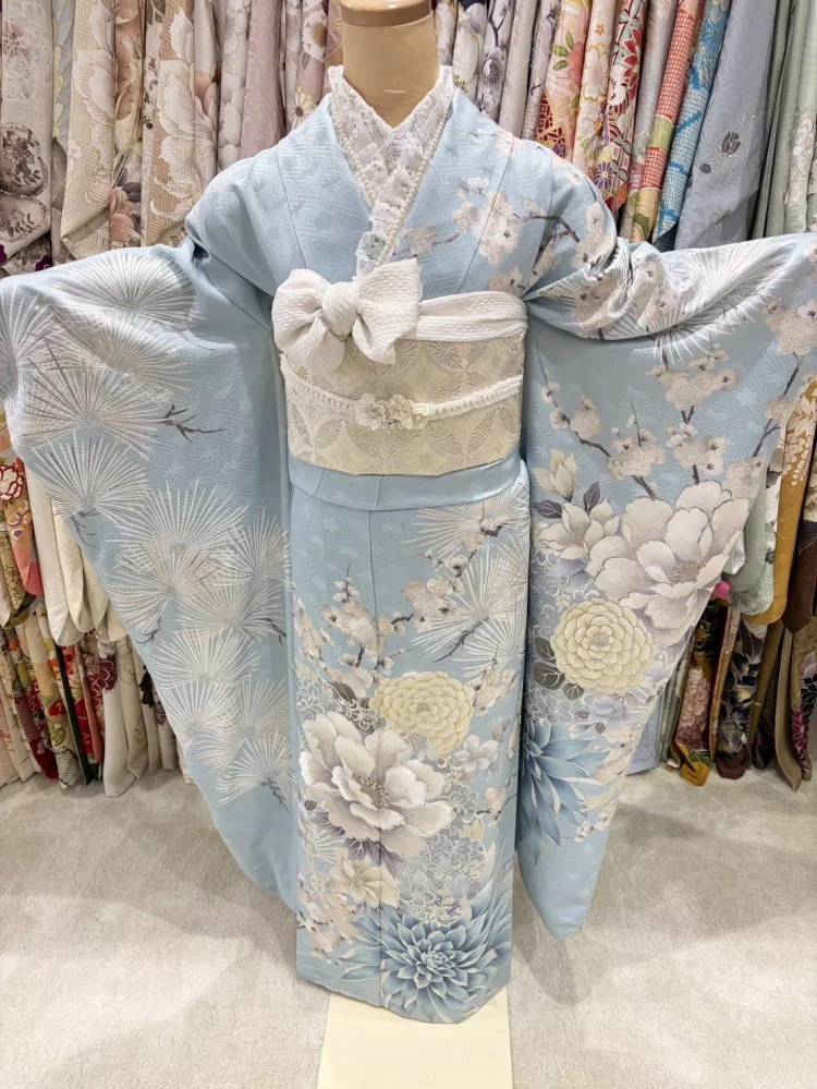 振袖　レンタル　姫路　加古川　成人式　前撮り　水色　淡色　可愛い　フリル　リボン　ガーリー　古典　白　おしゃれ　イマドキ　小物