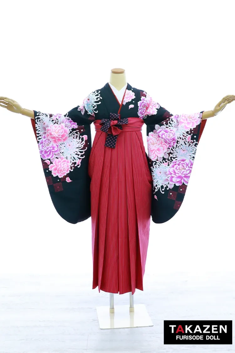 TAKAZENのレンタル袴 安い古典袴　黒/ピンク　乱菊柄　大人っぽい　かっこいい　格安　ブーツスタイル【通販可】Y36