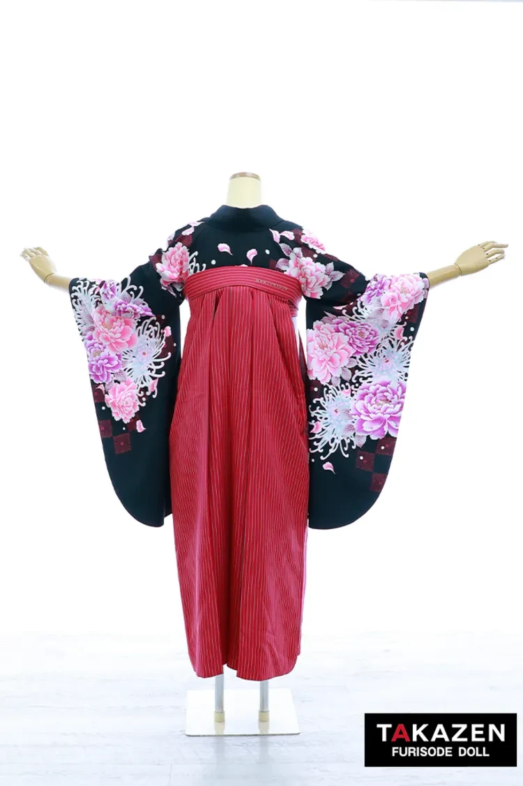 TAKAZENのレンタル袴 安い古典袴　黒/ピンク　乱菊柄　大人っぽい　かっこいい　格安　ブーツスタイル【通販可】Y36