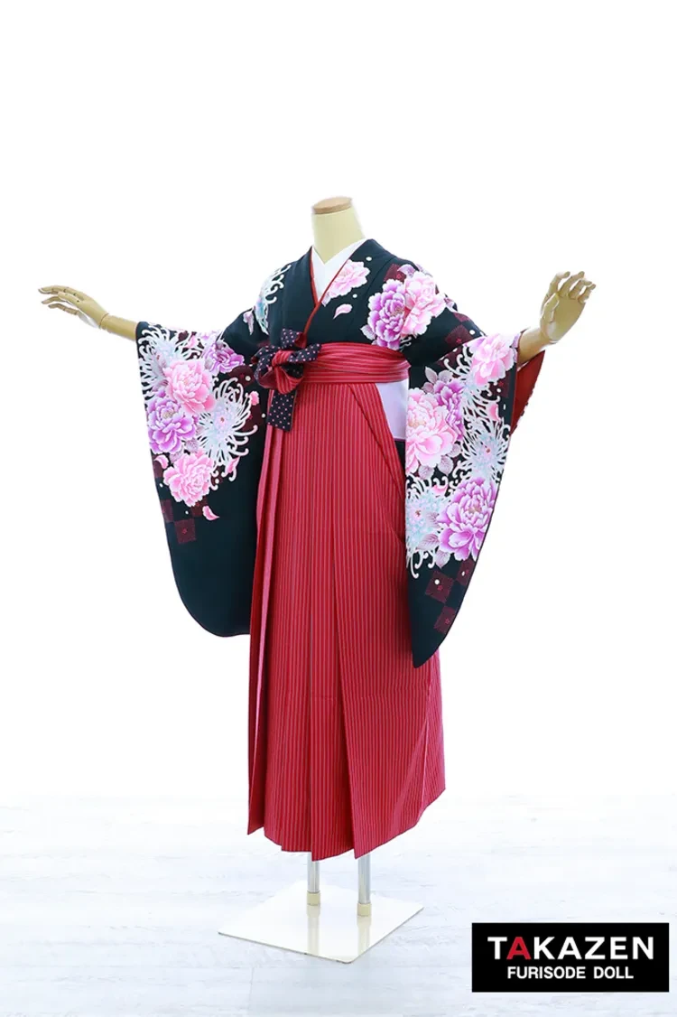 TAKAZENのレンタル袴 安い古典袴　黒/ピンク　乱菊柄　大人っぽい　かっこいい　格安　ブーツスタイル【通販可】Y36