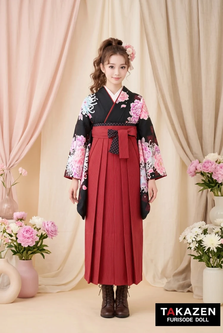 TAKAZENのレンタル袴 安い古典袴　黒/ピンク　乱菊柄　大人っぽい　かっこいい　格安　ブーツスタイル【通販可】Y36