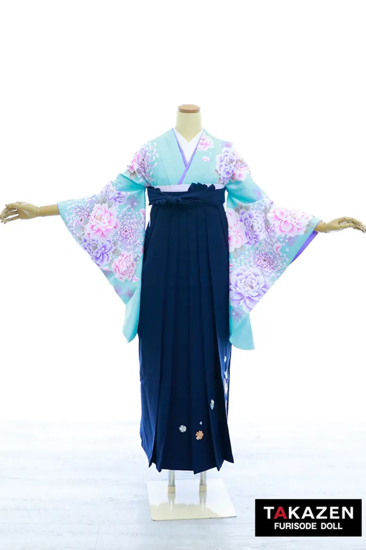 TAKAZENのレンタル袴 安いくすみカラー古典袴　水色/ミントカラー　牡丹柄　格安　淡い色　きれいめ　清楚【通販可】Y37