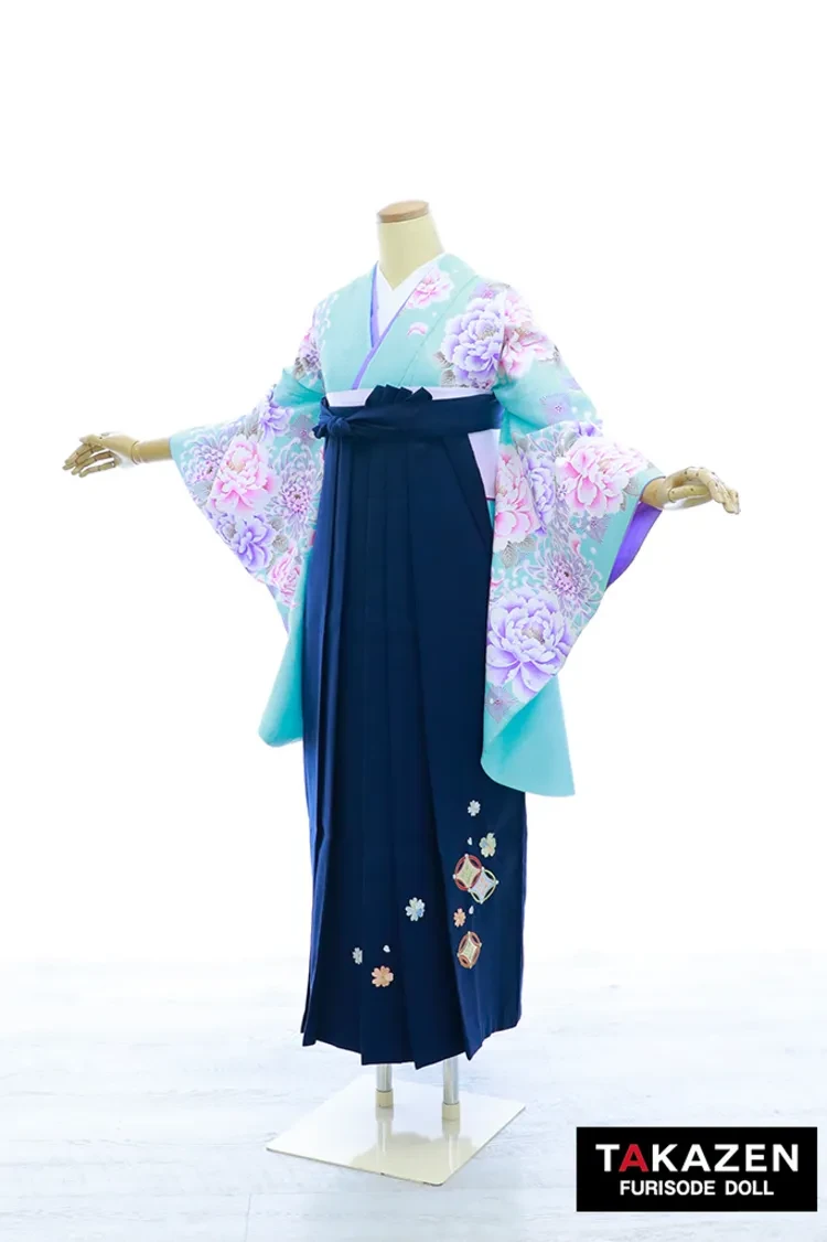 TAKAZENのレンタル袴 安いくすみカラー古典袴　水色/ミントカラー　牡丹柄　格安　淡い色　きれいめ　清楚【通販可】Y37