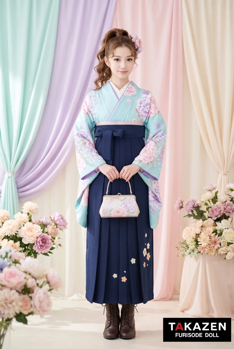 TAKAZENのレンタル袴 安いくすみカラー古典袴　水色/ミントカラー　牡丹柄　格安　淡い色　きれいめ　清楚【通販可】Y37