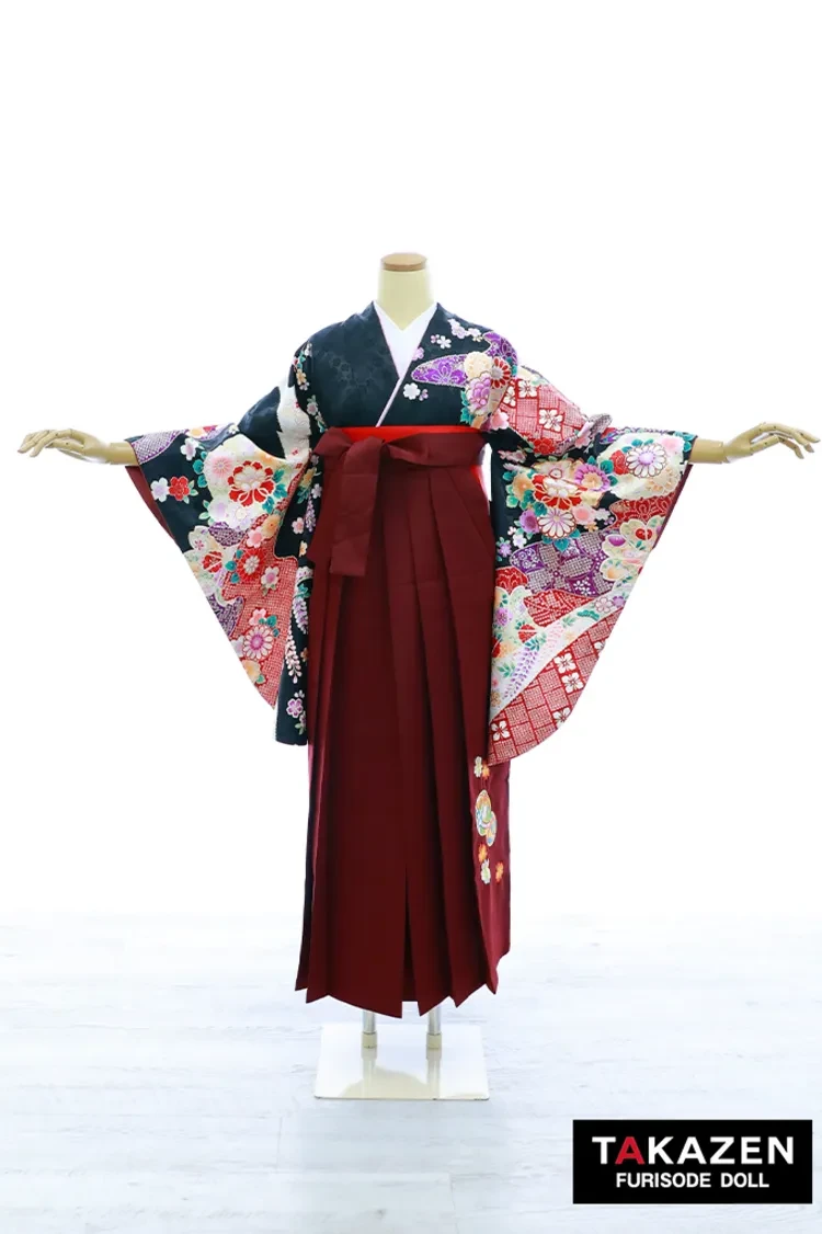 TAKAZENのレンタル袴 格安正統派古典袴　黒/赤　牡丹柄/和柄　大人っぽい　きれいめ　清楚　ブーツスタイル【通販可】Y38
