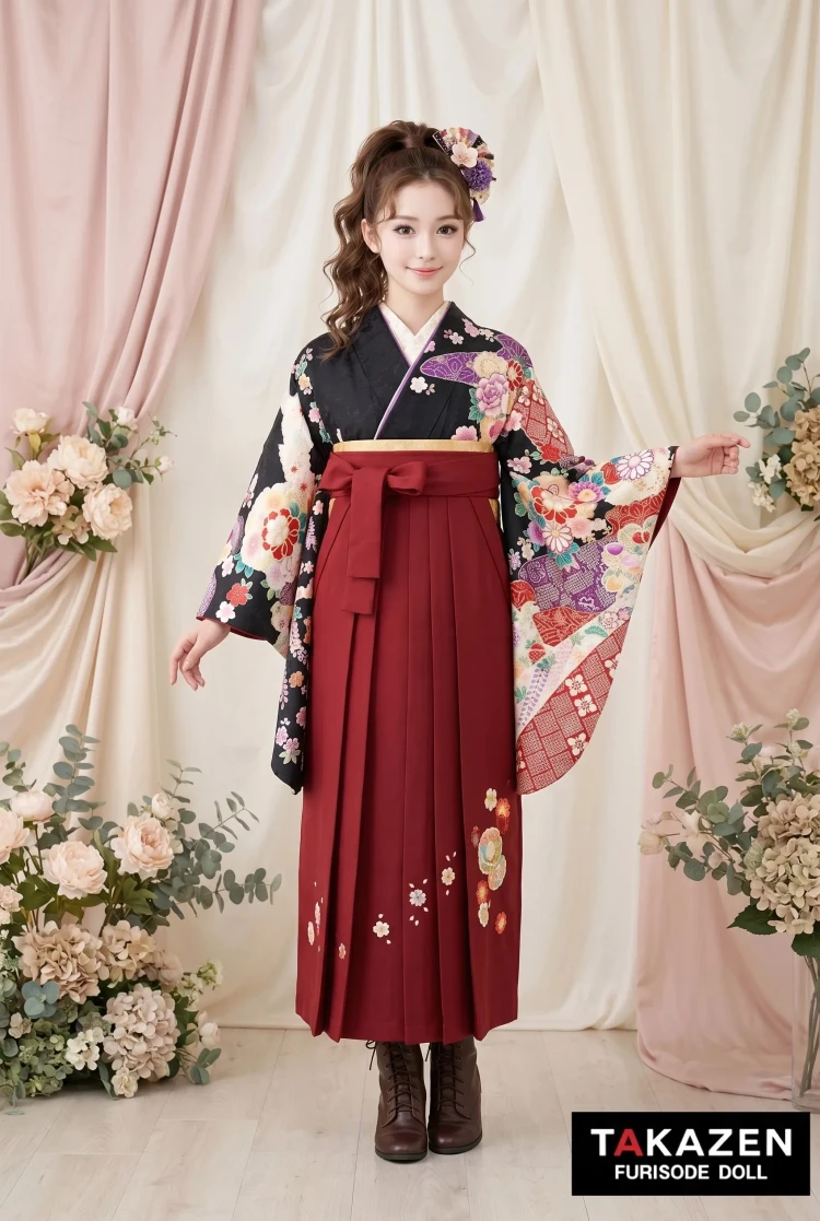 TAKAZENのレンタル袴 格安正統派古典袴　黒/赤　牡丹柄/和柄　大人っぽい　きれいめ　清楚　ブーツスタイル【通販可】Y38