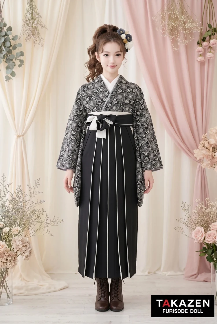 TAKAZENのレンタル袴 安いヴィンテージスタイル袴　黒　総レース　韓国風　かわいい　ブーツスタイル【通販可】Y39