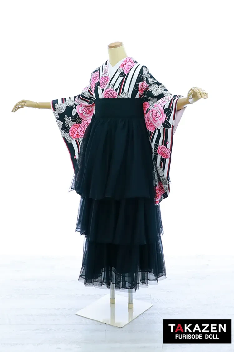 TAKAZENのレンタル袴 格安キュート＆ガーリー袴　白黒　バラ柄/ストライプ　地雷系　チュールドレス袴　かわいい【通販可】Y42