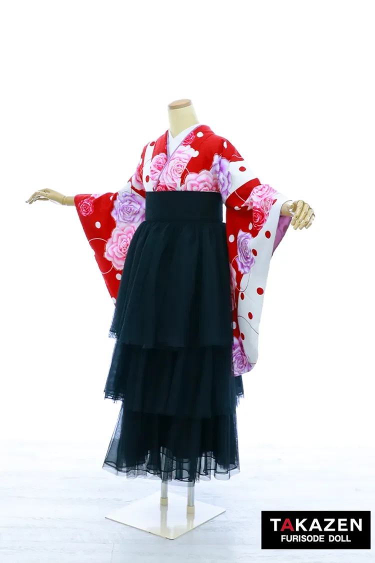 TAKAZENのレンタル袴 安いキュート＆ガーリー袴　赤白　バラ柄/ドット　格安　チュールドレス袴　ラブリー　人と被らない袴【通販可】Y43