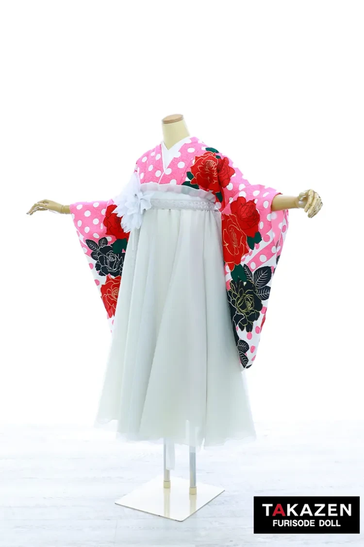 TAKAZENのレンタル袴 安いキュート＆ガーリー袴　ピンク　バラ柄/ドット　格安　チュールドレス袴　かわいい【通販可】Y44