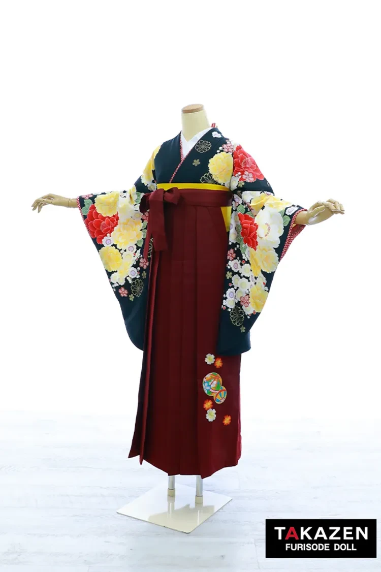 TAKAZENのレンタル袴 格安正統派古典袴　黒/赤　牡丹柄　清楚　上品　大人っぽい　かっこいい　きれいめ【通販可】Y45