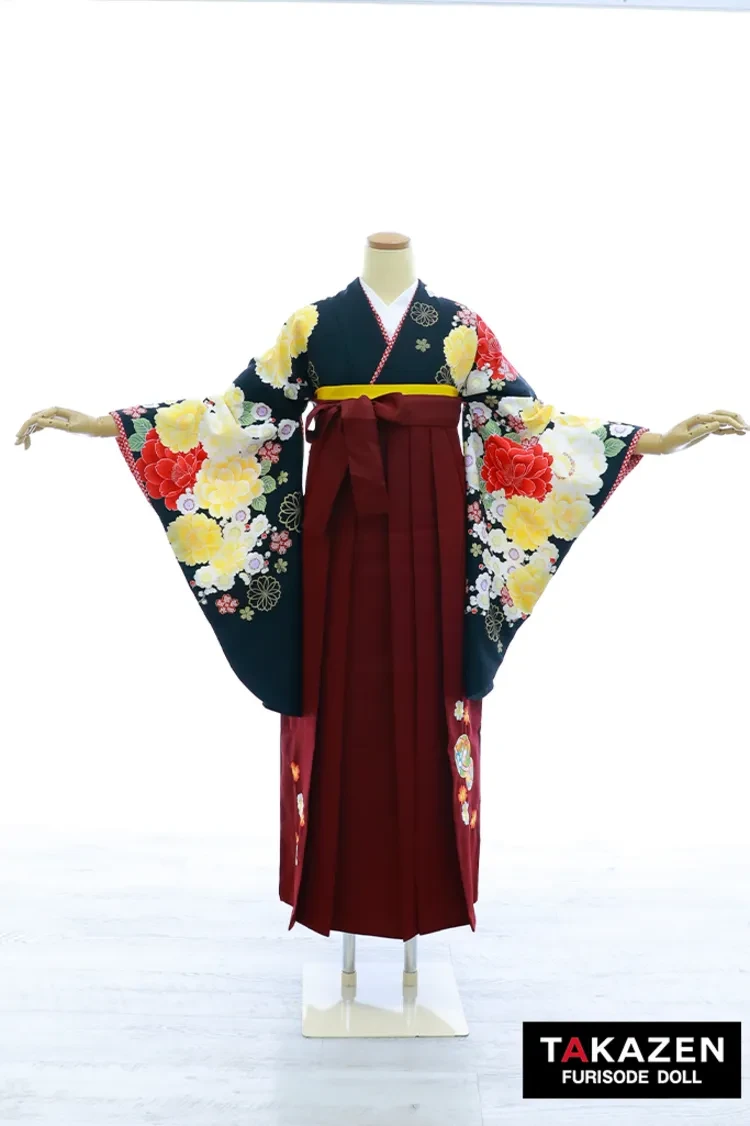 TAKAZENのレンタル袴 格安正統派古典袴　黒/赤　牡丹柄　清楚　上品　大人っぽい　かっこいい　きれいめ【通販可】Y45