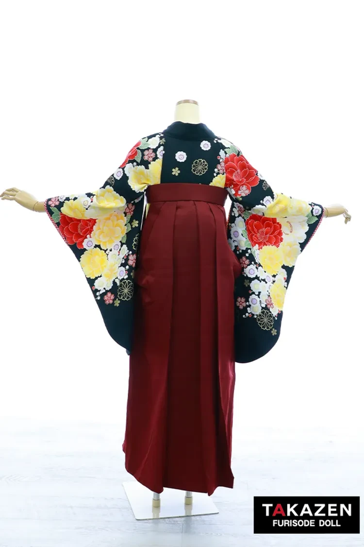 TAKAZENのレンタル袴 格安正統派古典袴　黒/赤　牡丹柄　清楚　上品　大人っぽい　かっこいい　きれいめ【通販可】Y45