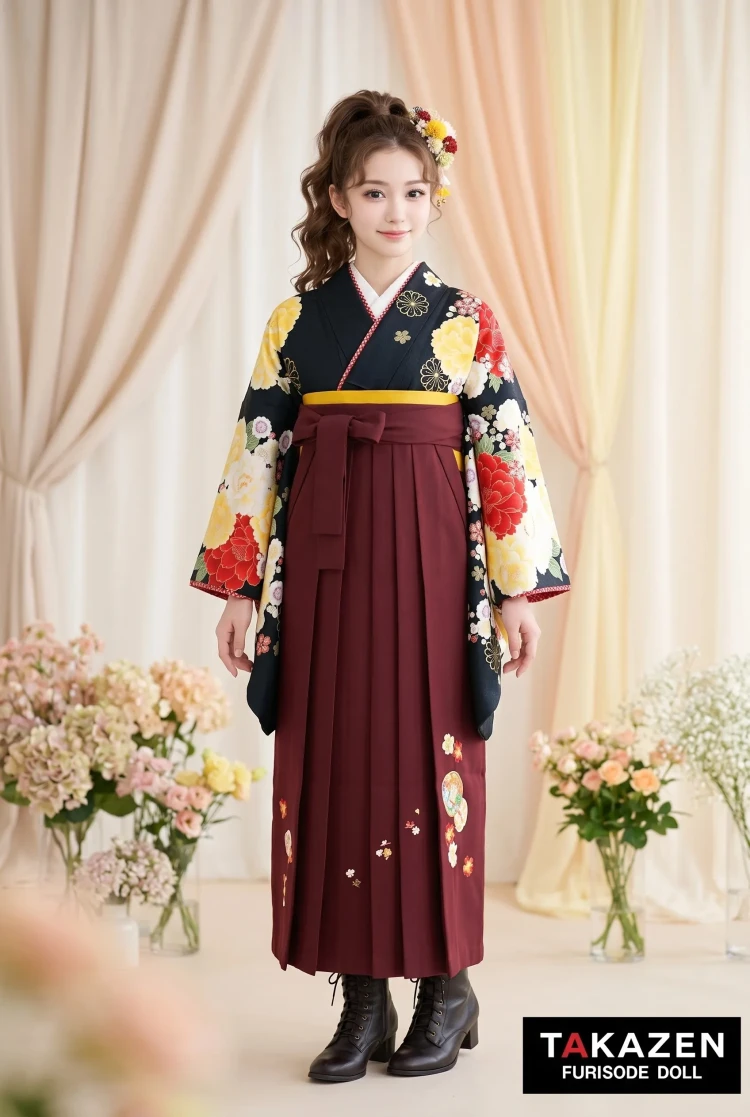 TAKAZENのレンタル袴 格安正統派古典袴　黒/赤　牡丹柄　清楚　上品　大人っぽい　かっこいい　きれいめ【通販可】Y45