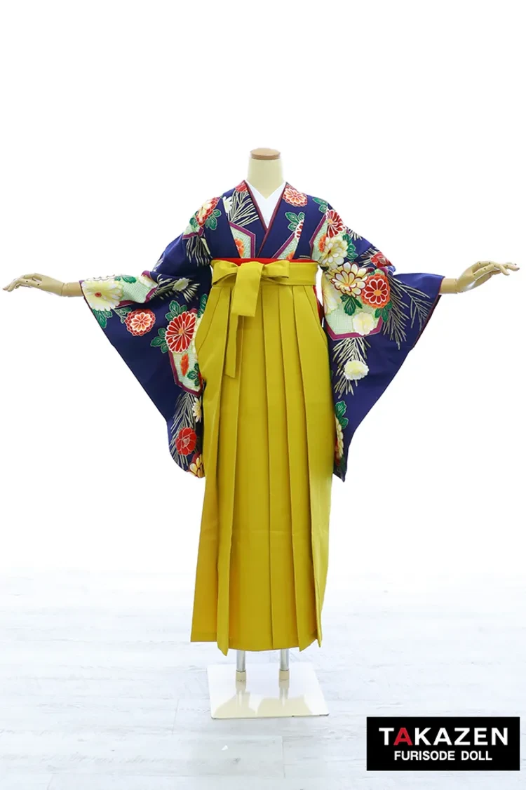 TAKAZENのレンタル袴 激安正統派古典袴　ネイビー　菊柄　定番　大人っぽい　レトロモダン　清楚【通販可】Y48