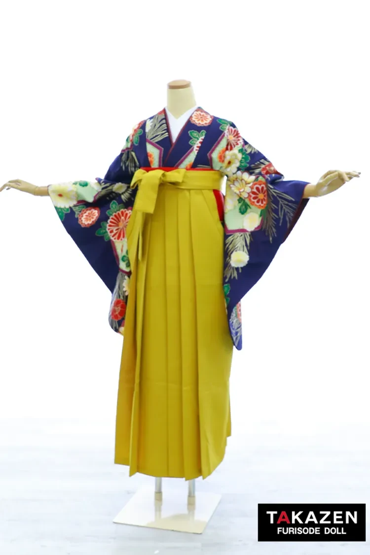 TAKAZENのレンタル袴 激安正統派古典袴　ネイビー　菊柄　定番　大人っぽい　レトロモダン　清楚【通販可】Y48
