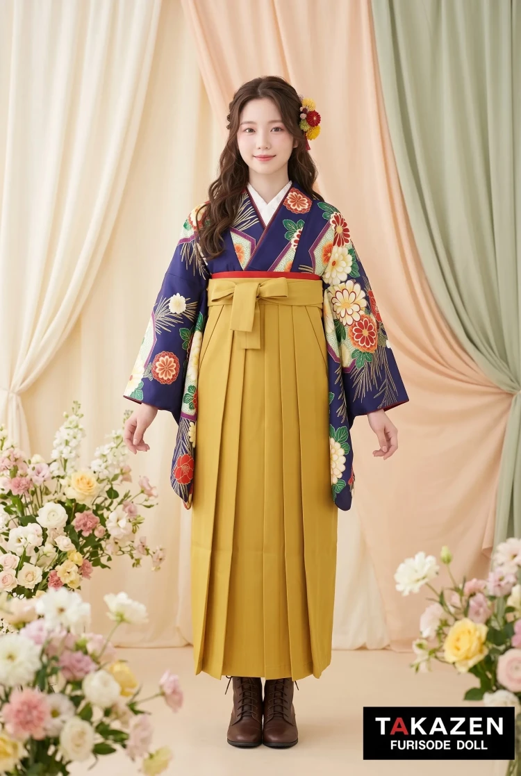 TAKAZENのレンタル袴 激安正統派古典袴　ネイビー　菊柄　定番　大人っぽい　レトロモダン　清楚【通販可】Y48