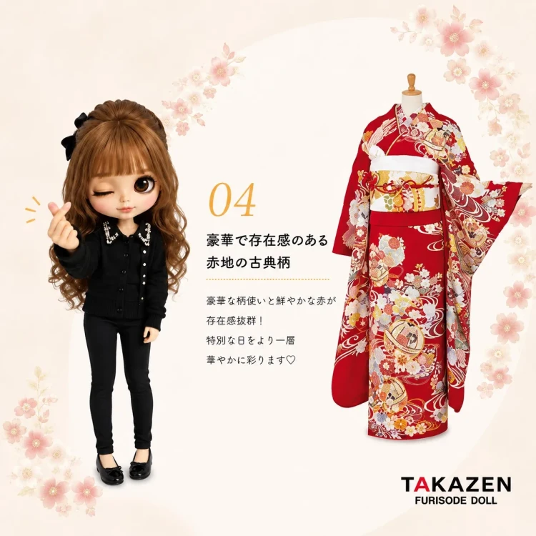 TAKAZEN堺店スタッフおすすめ王道古典柄の赤色お振袖の全身コーデご紹介