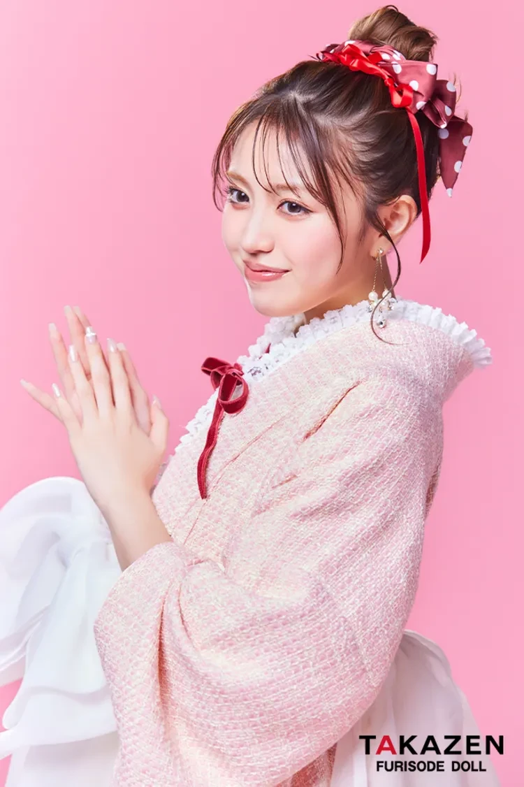 TAKAZENのレンタル袴 最新作ヘップバーン袴 ピンク ツイード シフォンドレス袴 おしゃれ かわいい ガーリー リボン小物コーデ 香音【通販可】LH15