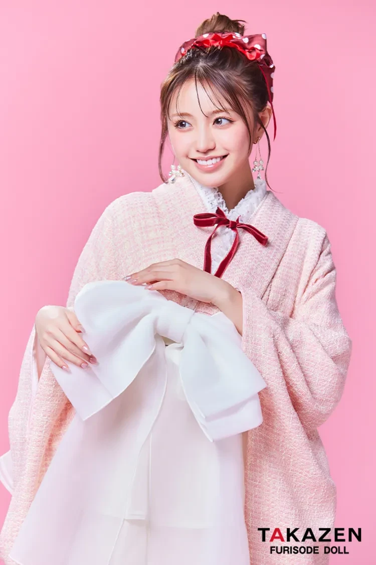 TAKAZENのレンタル袴 最新作ヘップバーン袴 ピンク ツイード シフォンドレス袴 おしゃれ かわいい ガーリー リボン小物コーデ 香音【通販可】LH15