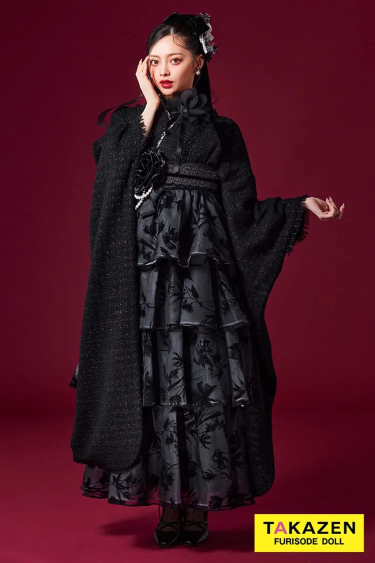 TAKAZENのレンタル袴 最新作ヘップバーン袴 黒/ブラック ツイード フロッキー素材のドレス袴 エレガント 大人っぽい Shiho【通販可】LH18