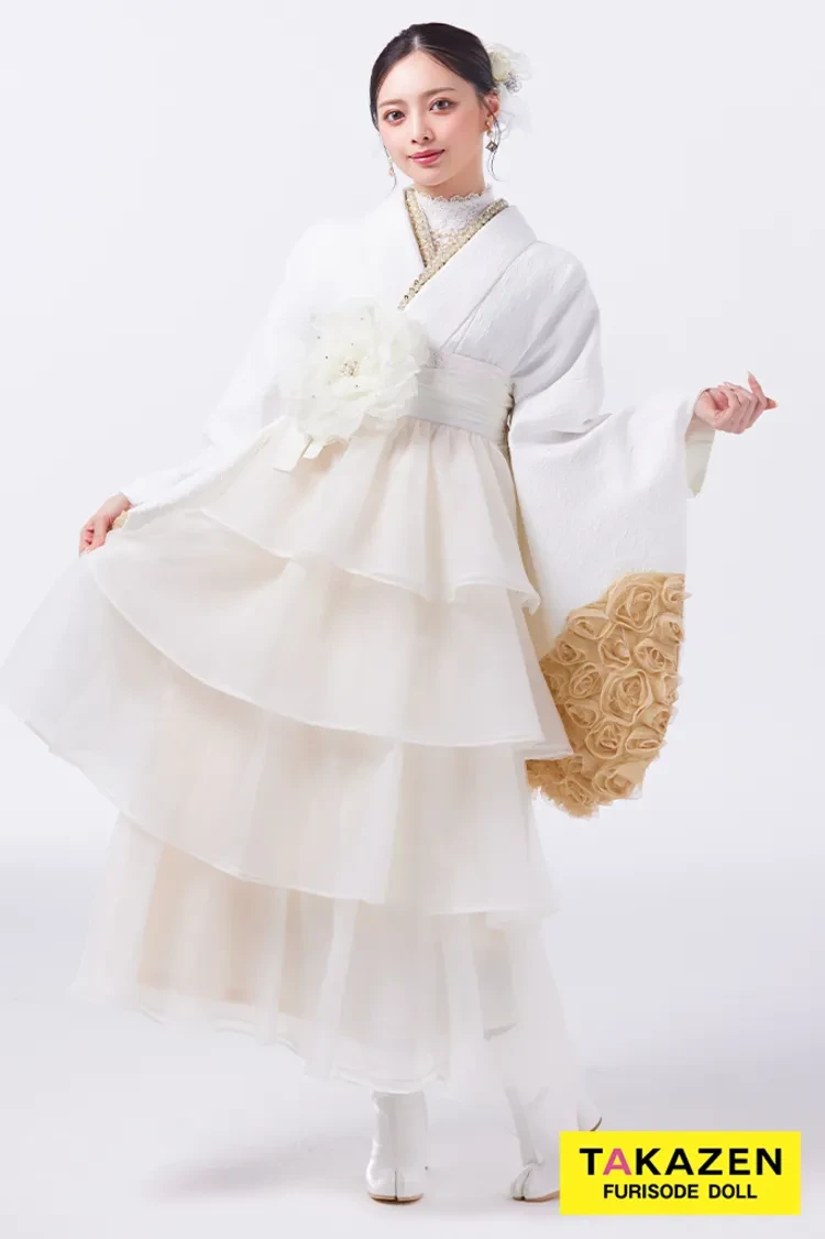 TAKAZENのレンタル袴 最新作ヘップバーン袴 白/ホワイト 立体花 フリルドレス袴 大人っぽい エレガント レースインナーコーデ Shiho【通販可】LH24