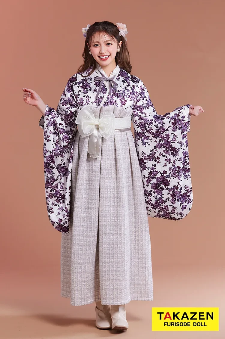 TAKAZENのレンタル袴 最新作ヘップバーン袴　紫/白地　ツイード袴　ガーリー　可愛い　トレンド　リボン小物コーデ　香音【通販可】LH27