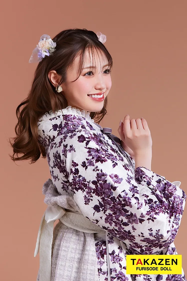 TAKAZENのレンタル袴 最新作ヘップバーン袴　紫/白地　ツイード袴　ガーリー　可愛い　トレンド　リボン小物コーデ　香音【通販可】LH27