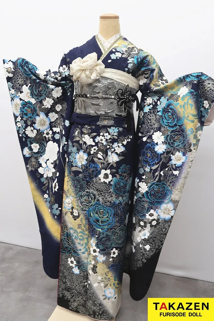 TAKAZENのレンタル振袖 安いモード系振袖　青/ブルー　桂由美ブランド振袖　スワロフスキー付き　かっこいい　目立つ【通販可】M28