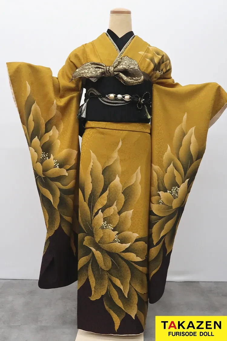 TAKAZENのレンタル振袖 激安クール系振袖　からし　大柄　シンプル　かっこいい　目立つ　人と被らない【通販可】M29