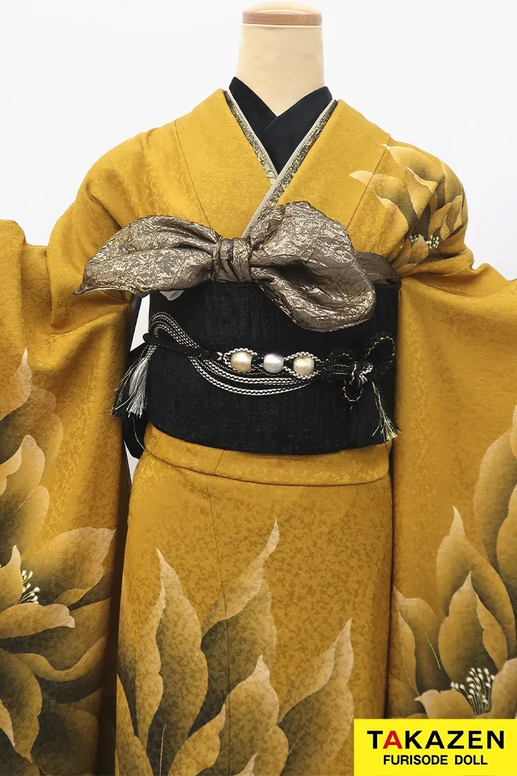 TAKAZENのレンタル振袖 激安クール系振袖　からし　大柄　シンプル　かっこいい　目立つ　人と被らない【通販可】M29