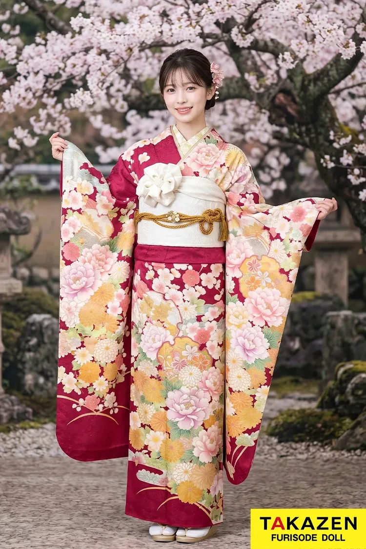TAKAZENのレンタル振袖 格安正統派古典振袖　ワインレッド　桜柄/牡丹柄　かわいい　上品　華やか　珍しい色【通販可】M30
