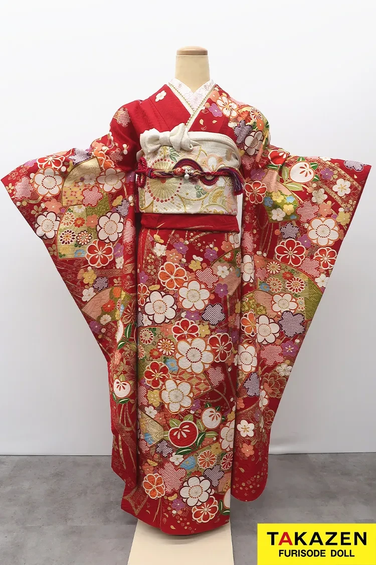 TAKAZENのレンタル振袖 安い正統派古典振袖　赤　桜柄　かわいい　王道　かわいい　はんなり　おしとやか【通販可】M31