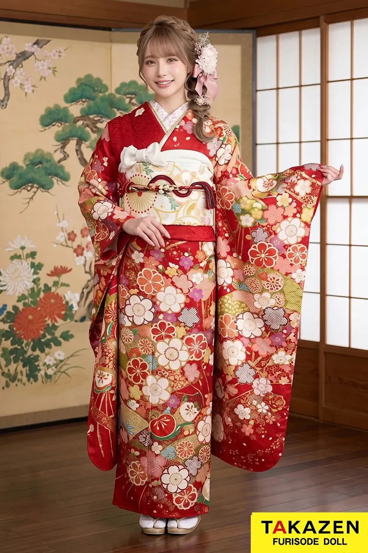 TAKAZENのレンタル振袖 安い正統派古典振袖　赤　桜柄　かわいい　王道　かわいい　はんなり　おしとやか【通販可】M31