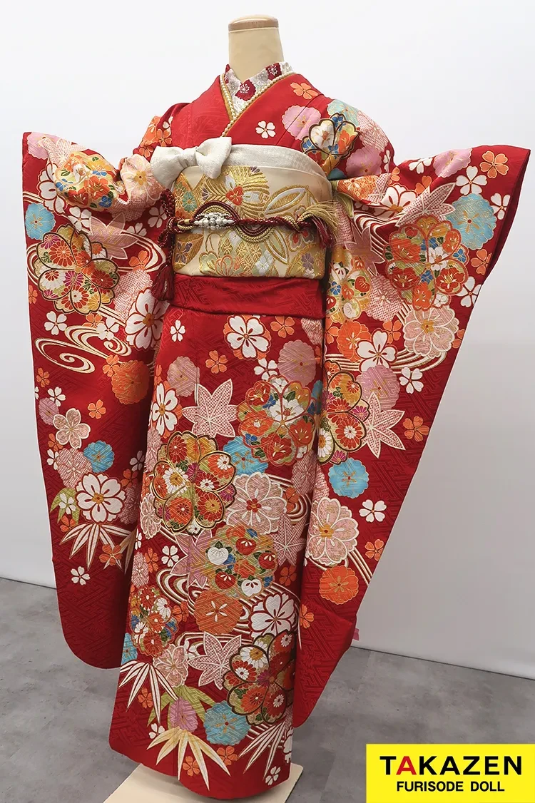 TAKAZENのレンタル振袖 格安正統派古典振袖　赤　桜柄　定番　かわいい　華やか　上品【通販可】M32