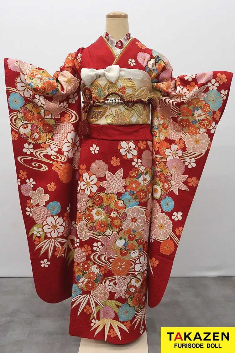 TAKAZENのレンタル振袖 格安正統派古典振袖　赤　桜柄　定番　かわいい　華やか　上品【通販可】M32